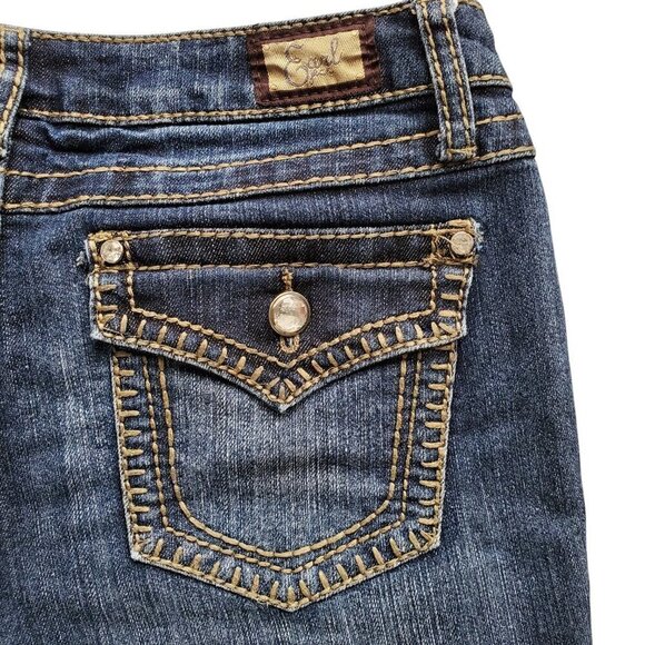 Earl Jeans Straight Leg Embellished Thick Stitching Crystal Button Flap Pocket 4 - Picture 9 of 16